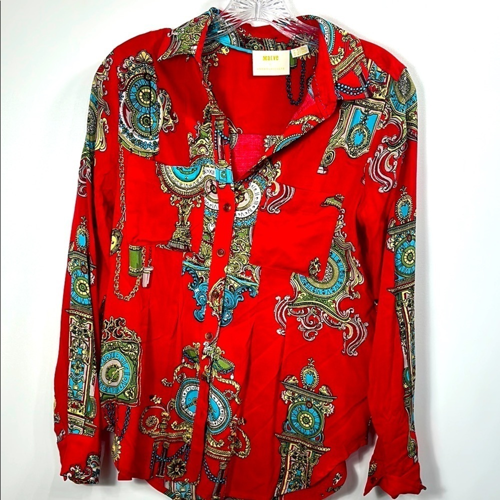 Maeve Anthropologie Clock Print Red Button Down Rayon Top Size 2